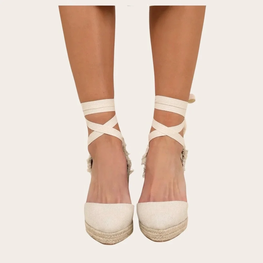 Lulus Elsinore Linen Lace-Up Espadrille Wedges Beige Closed‎ Toe 7.5 NWOT